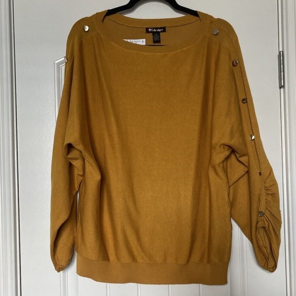 By Design Mustard Pullover Sweater Gold Dolman Button Ruched Sleeve XL NWT